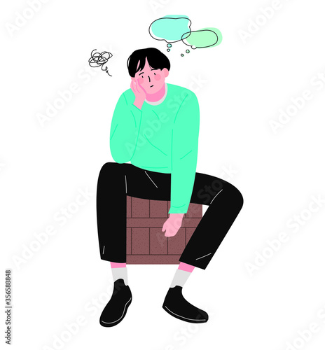 박스에 앉아 생각하는 남자