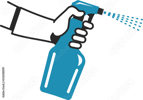 A gloved hand holds a bottle of detergent. Professional cleaning and disinfectant treatment for the prevention of coronavirus. Flat infographics. Vector illustration.