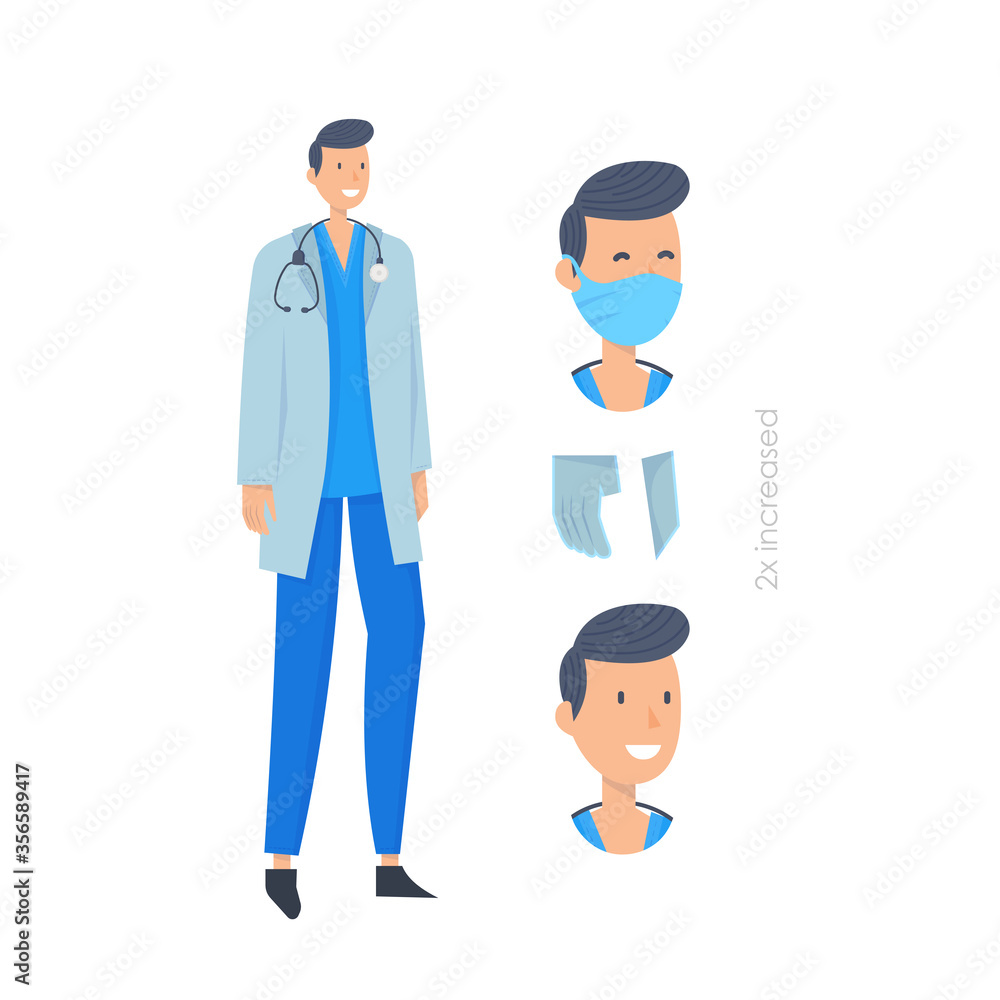 Doctors without mask and in mask. Medical workers on a white. Hospital staff. Vector illustration in a flat style. Trendy people.