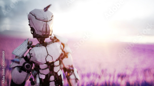 Military robot, cyborg with gun in lavender field. concept of the future. 3d rendering.