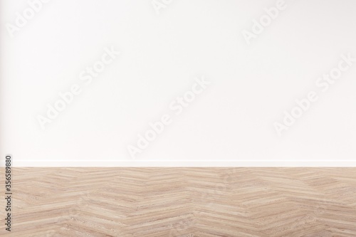 Fototapeta Naklejka Na Ścianę i Meble -  Empty white wall with herringbone wooden floor. Mock up 3d illustration.