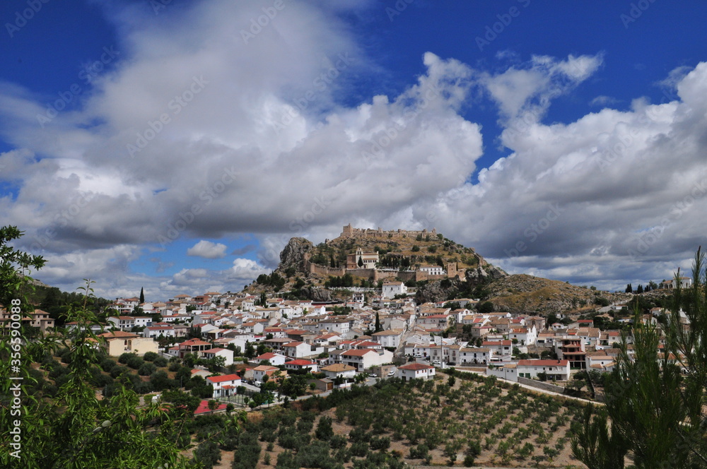 Panoramic view on Moclín Alcazaba-Fortress, last islamic Nasrid stronghold in the north of Granada, before capitulation in 1492, Andalusia, Spain