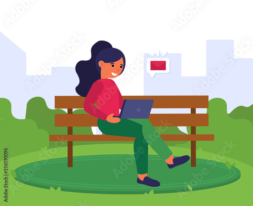 Young woman receiving email on laptop. Girl sitting on bench and using computer outdoors flat vector illustration. Wireless communication concept for banner, website design or landing web page