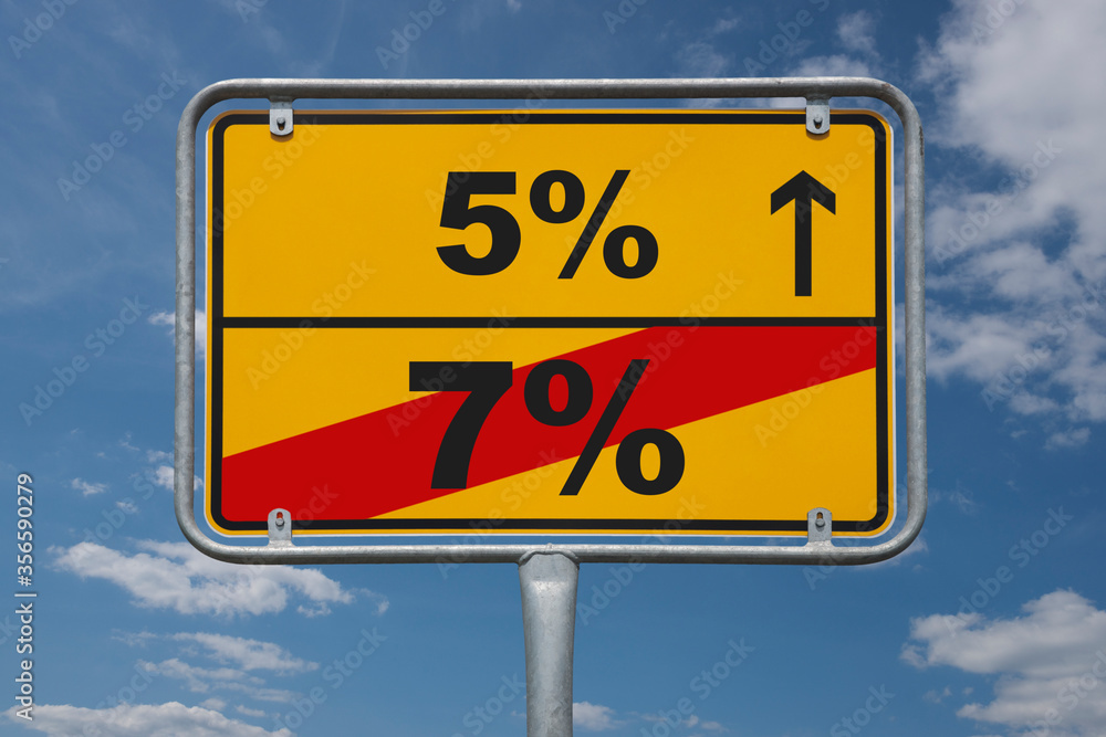 Ortstafel Deutschland, Ende der geschlossenen Ortschaft mit der Beschriftung Ende 7 Prozent, Anfang 5 Prozent Ortstafel Deutschland, Ende der geschlossenen Ortschaft mit der Beschriftung Ende 7 Prozent, Anfang 5 Prozent