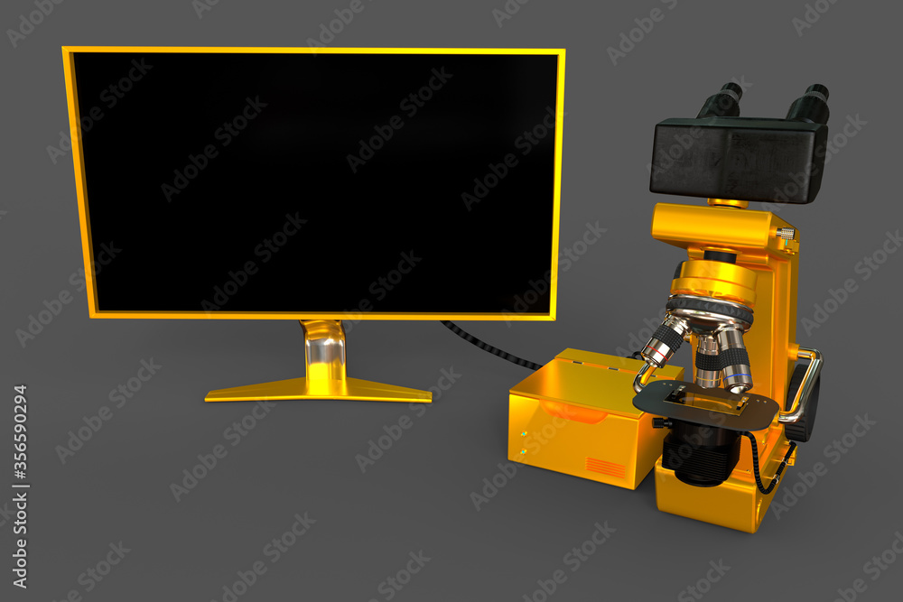 Fototapeta premium gold scientific microscope, control block and empty display isolated, realistic medical 3d illustration with fictive design, microscopy research concept