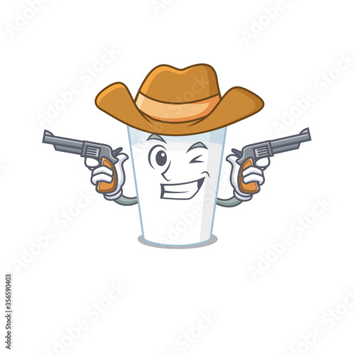 Cartoon character cowboy of glass of milk with guns