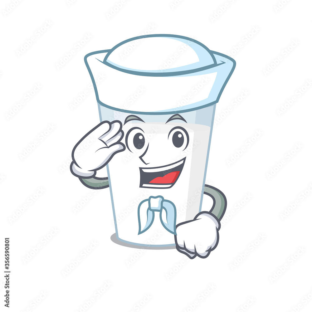 Smiley sailor cartoon character of glass of milk wearing white hat and tie