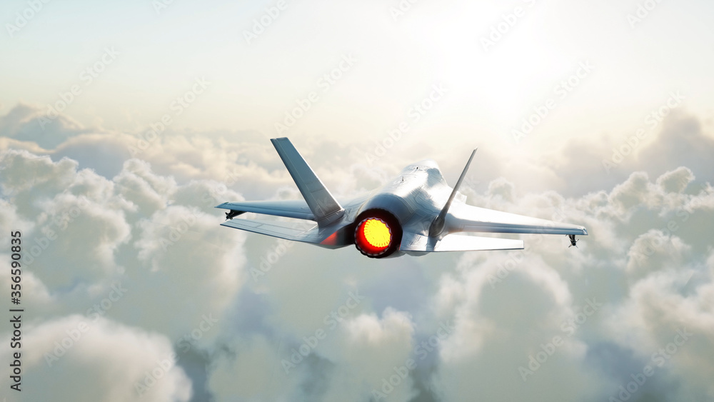 Fototapeta premium Jet, fighter flying over clouds . War and weapon concept. 3d rendering.