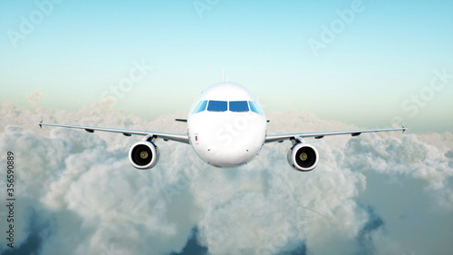 Passenger airbus flying in the clouds. Travel concept. 3d rendering.