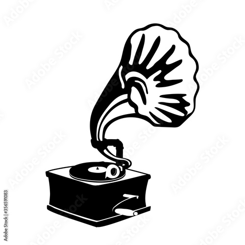 silhouette of a retro music machine gramophone with vinyl record & a copper horn, old technology, antique object, vector illustration isolated on white background in a hand drawn style