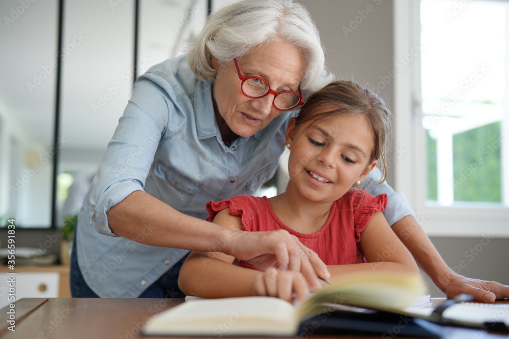 Fototapeta premium grandmother helping grandkid with homework