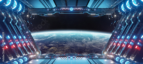 Fototapeta Naklejka Na Ścianę i Meble -  Blue and red futuristic spaceship interior with window view on planet Earth 3d rendering
