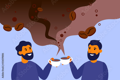 Cheerful men drinking aromatic black coffee. Americano, cup, mug, steaming cloud flat vector illustration. Morning, coffee shop concept for banner, website design or landing web page