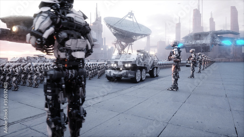 invasion of military robots. Dramatic apocalypse super realistic concept. Future. 3d rendering. photo