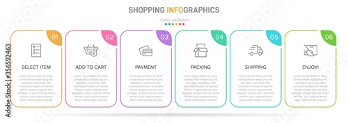 Concept of shopping process with 6 successive steps. Six colorful graphic elements. Timeline design for brochure, presentation, web site. Infographic design layout.