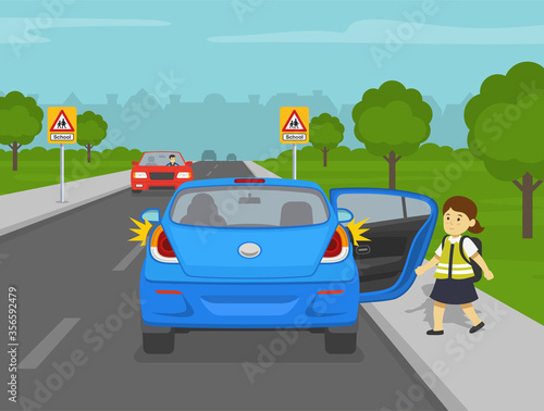 Mini car with open door at school sidewalk. School kid going to get in the parent car. Back view. Flat vector illustration.