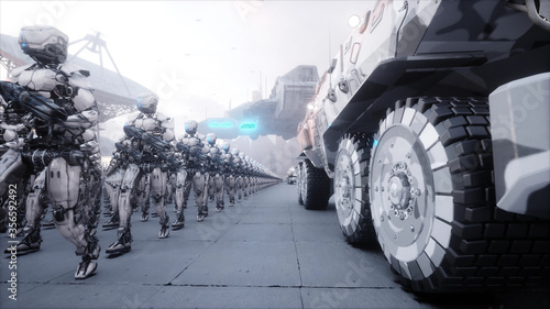 invasion of military robots. Dramatic apocalypse super realistic concept. Future. 3d rendering. photo