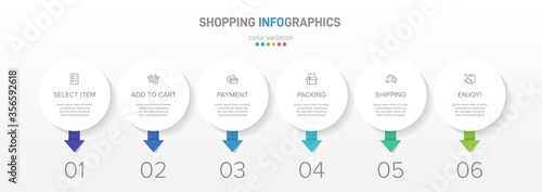 Concept of shopping process with 6 successive steps. Six colorful graphic elements. Timeline design for brochure, presentation, web site. Infographic design layout.