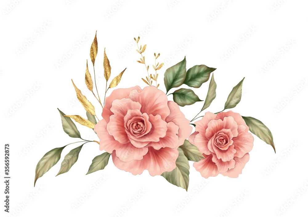 Flowers and leaves arrangement, watercolor floral illustration, design element isolated on white background