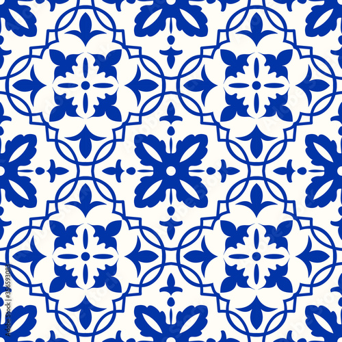Majolica pottery tile, blue and white azulejo, original traditional Portuguese and Spain decor. Seamless Damask pattern. Hand drawn pattern. Ceramic tile in talavera style. Vector