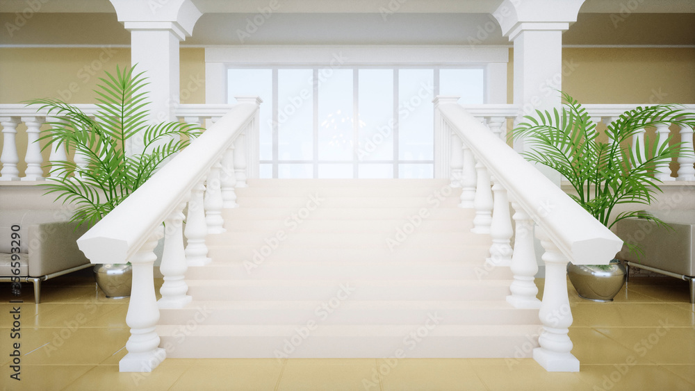 Luxury large white marble staircase. 3d rendering. Luxury large white marble staircase. 3d rendering.
