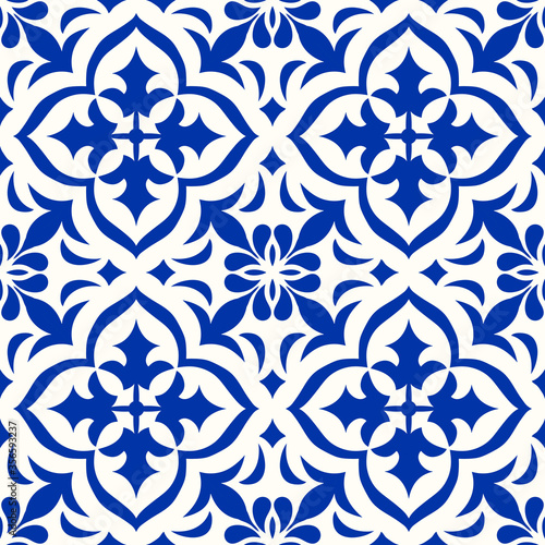 Majolica pottery tile, blue and white azulejo, original traditional Portuguese and Spain decor. Seamless Damask pattern. Hand drawn pattern. Ceramic tile in talavera style. Vector