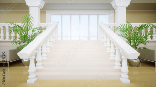 Luxury large white marble staircase. 3d rendering.