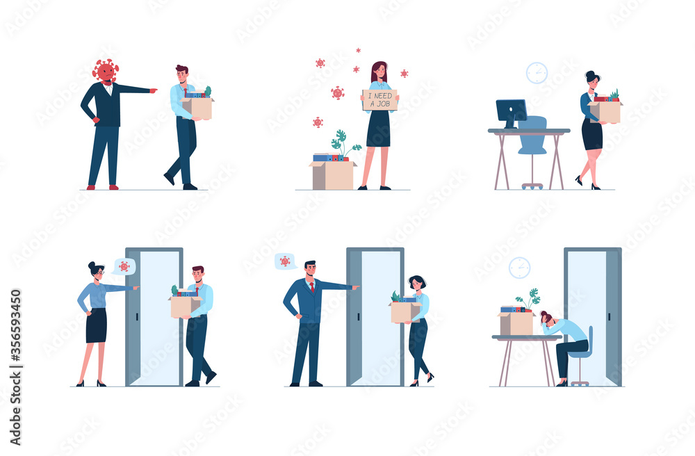 coronavirus leaves a person without work. Fired men and women leaves the office with a box in his hands. Job loss due to covid-19, economic decline. Dismissed employee crying, sad. Unemployment Vector coronavirus leaves a person without work. Fired men and women leaves the office with a box in his hands. Job loss due to covid-19, economic decline. Dismissed employee crying, sad. Unemployment Vector