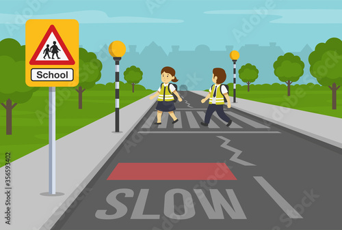 School children crossing road on crosswalk. Zebra crossing with belisha beacons. Flat vector illustration.