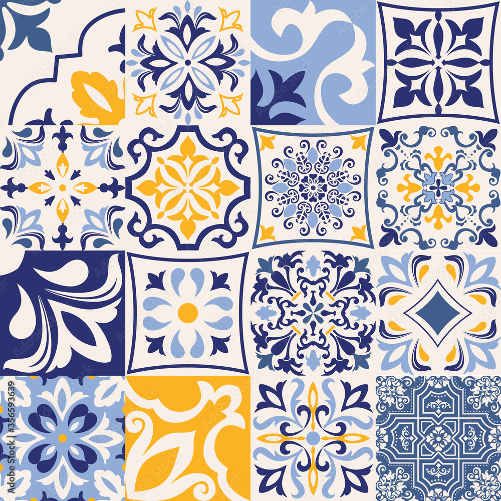 Set of 16 tiles Azulejos in blue, gray, yellow. Original traditional Portuguese and Spain decor. Seamless patchwork tile with Victorian motives. Ceramic tile in talavera style. Gaudi mosaic. Vector