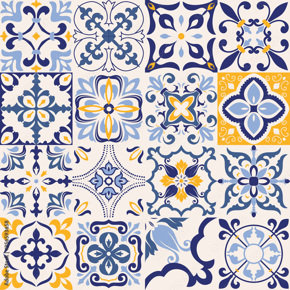Set of 16 tiles Azulejos in blue, gray, yellow. Original traditional Portuguese and Spain decor. Seamless patchwork tile with Victorian motives. Ceramic tile in talavera style. Gaudi mosaic. Vector