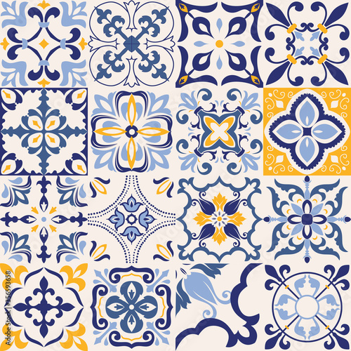 Obraz na plátně Set of 16 tiles Azulejos in blue, gray, yellow