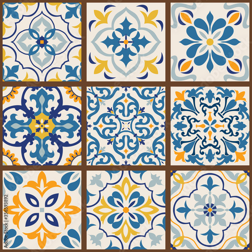 Collection of 9 colorful tiles. Seamless patchwork tile with Islam, Arabic, Indian, Ottoman motives. Majolica pottery tile, blue, yellow azulejo, original traditional Portuguese and Spain decor.