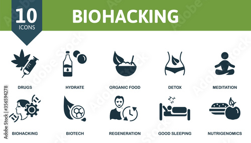 Biohacking icon set. Collection contain meditation, hydrate, biotech, nutrigenomics and over icons. Biohacking elements set