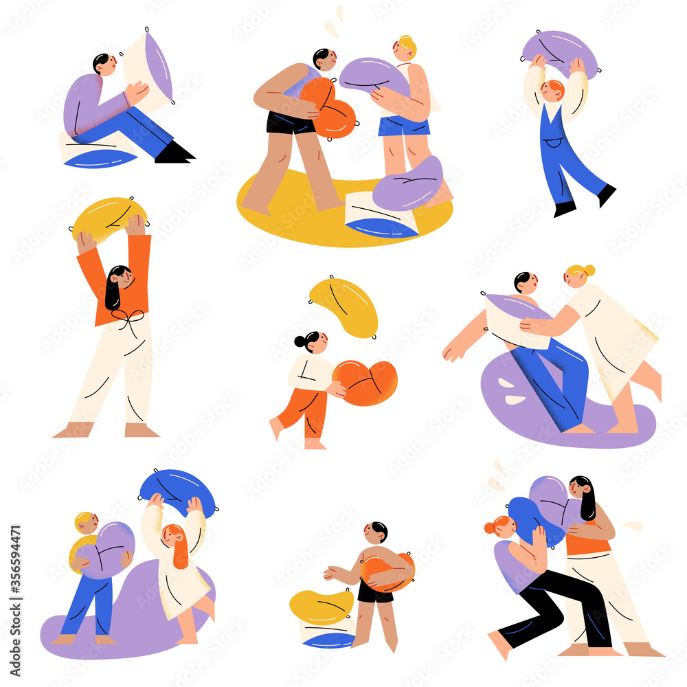 Happy people playing and fighting with pillows with each other vector illustration Happy people playing and fighting with pillows with each other vector illustration