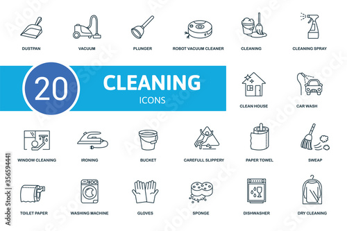 Cleaning icon set. Collection contain cleaning, vacuum, plunger, bucket and over icons. Cleaning elements set.