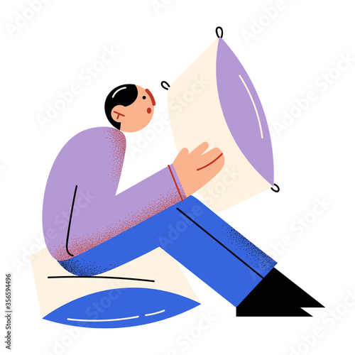 Young man sitting and holding pillows for fight with family vector illustration