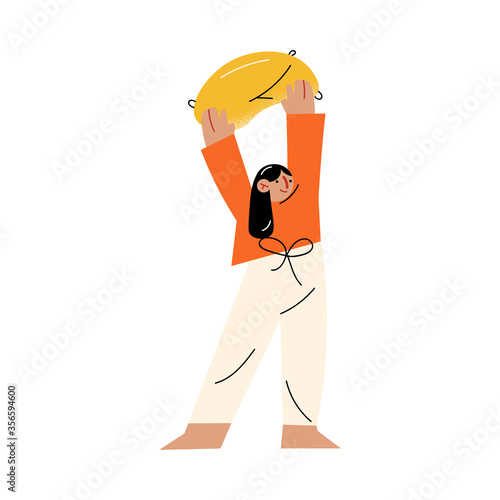 Girl holding pillow in raused hands for fight with family members vector illustration