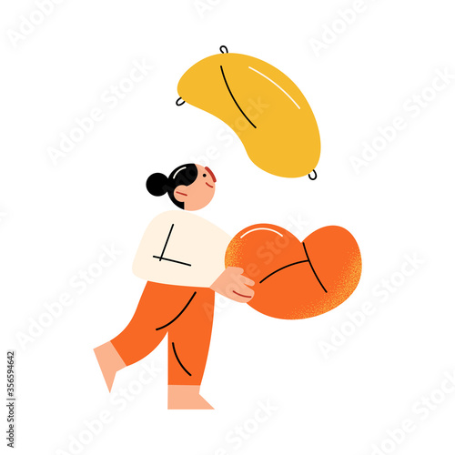 Young girl cathing flying pillow during fight at home vector illustration