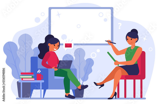 Women discussing new message. Person with laptop ignoring her talk partner flat vector illustration. Communication problem, internet addiction concept for banner, website design or landing web page