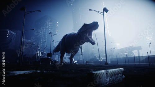 terrible dinosaur trex in the night destroyed city. Apocalypse concept. 3d rendering.