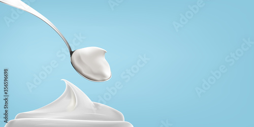Natural greek yogurt in the spoon on blue background realistic illustration.