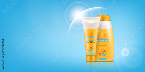Sunscreen cream advertising banner with realistic 3d tube and jar with gel or cream for skin protection and UVA/UVB rays blocking. Ready for branding and packaging design. Bitmap copy