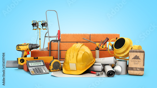 modern construction costing concept hard hat bricks wall and tape measure in the drawings next to the calculator 3d render on blue gradient
