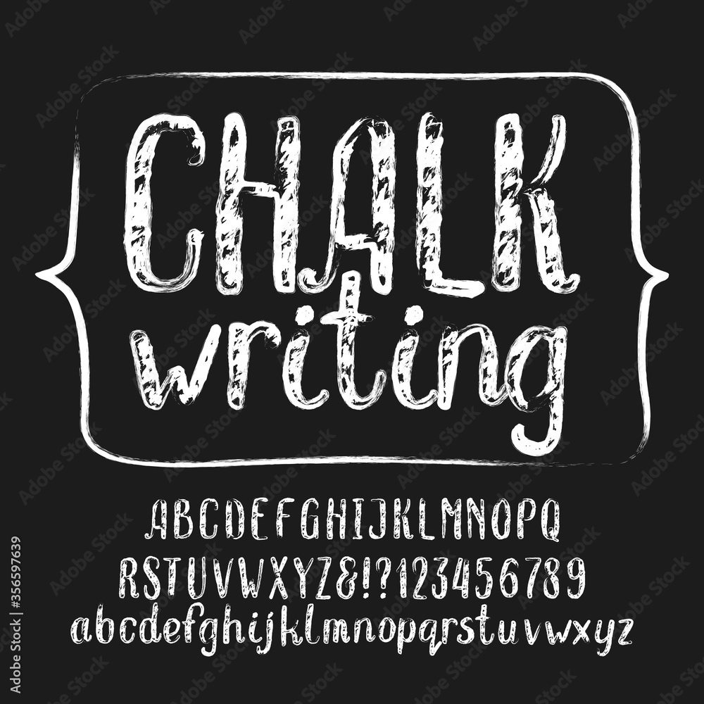 Chalk writing alphabet font. Hand drawn uppercase and lowercase letters, numbers and symbols