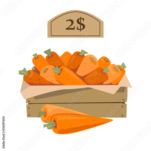 Carrots in a wooden box. Price tag. Vector illustration. Isolated on a white background.