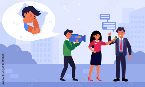Woman reporter interviewing businessman in morning. Cameraman thinking about sleeping flat vector illustration. Reportage concept for banner, website design or landing web page