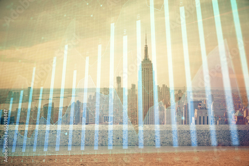 Forex graph on city view with skyscrapers background multi exposure. Financial analysis concept.