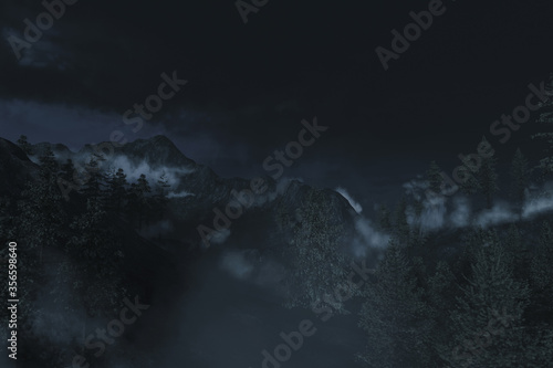 3d rendering of foggy mountain surrounded by pine trees in the dark night