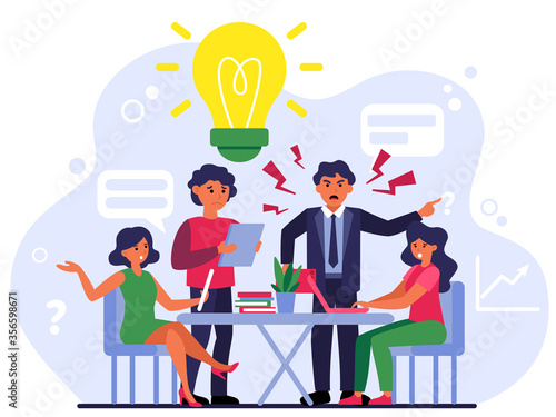 Aggressive boss scolding upset employees. Angry boss, mistakes, error, stress at work flat vector illustration. Business failure concept for banner, website design or landing web page